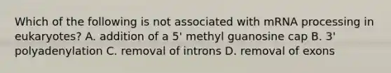 Which of the following is not associated with mRNA processing in eukaryotes? A. addition of a 5' methyl guanosine cap B. 3' polyadenylation C. removal of introns D. removal of exons