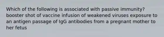 Which of the following is associated with passive immunity? booster shot of vaccine infusion of weakened viruses exposure to an antigen passage of IgG antibodies from a pregnant mother to her fetus