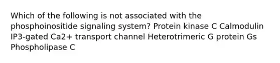 Which of the following is not associated with the phosphoinositide signaling system? Protein kinase C Calmodulin IP3-gated Ca2+ transport channel Heterotrimeric G protein Gs Phospholipase C