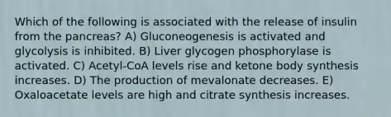 Which of the following is associated with the release of insulin from the pancreas? A) Gluconeogenesis is activated and glycolysis is inhibited. B) Liver glycogen phosphorylase is activated. C) Acetyl-CoA levels rise and ketone body synthesis increases. D) The production of mevalonate decreases. E) Oxaloacetate levels are high and citrate synthesis increases.