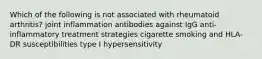 Which of the following is not associated with rheumatoid arthritis? joint inflammation antibodies against IgG anti-inflammatory treatment strategies cigarette smoking and HLA-DR susceptibilities type I hypersensitivity