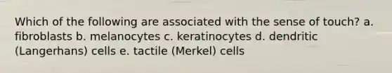 Which of the following are associated with the sense of touch? a. fibroblasts b. melanocytes c. keratinocytes d. dendritic (Langerhans) cells e. tactile (Merkel) cells