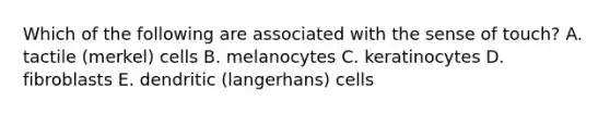 Which of the following are associated with the sense of touch? A. tactile (merkel) cells B. melanocytes C. keratinocytes D. fibroblasts E. dendritic (langerhans) cells