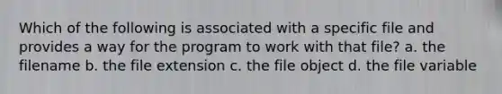 Which of the following is associated with a specific file and provides a way for the program to work with that file? a. the filename b. the file extension c. the file object d. the file variable