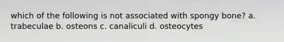 which of the following is not associated with spongy bone? a. trabeculae b. osteons c. canaliculi d. osteocytes