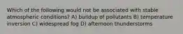 Which of the following would not be associated with stable atmospheric conditions? A) buildup of pollutants B) temperature inversion C) widespread fog D) afternoon thunderstorms