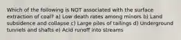 Which of the following is NOT associated with the surface extraction of coal? a) Low death rates among minors b) Land subsidence and collapse c) Large piles of tailings d) Underground tunnels and shafts e) Acid runoff into streams