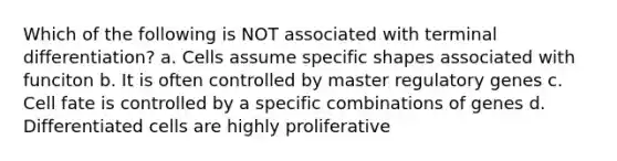 Which of the following is NOT associated with terminal differentiation? a. Cells assume specific shapes associated with funciton b. It is often controlled by master regulatory genes c. Cell fate is controlled by a specific combinations of genes d. Differentiated cells are highly proliferative