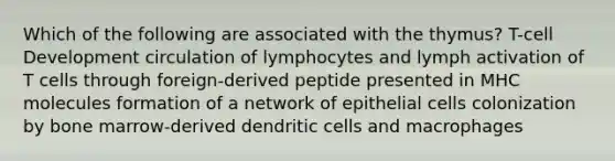 Which of the following are associated with the thymus? T-cell Development circulation of lymphocytes and lymph activation of T cells through foreign-derived peptide presented in MHC molecules formation of a network of epithelial cells colonization by bone marrow-derived dendritic cells and macrophages