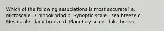 Which of the following associations is most accurate? a. Microscale - Chinook wind b. Synoptic scale - sea breeze c. Mesoscale - land breeze d. Planetary scale - lake breeze