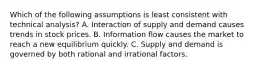 Which of the following assumptions is least consistent with technical analysis? A. Interaction of supply and demand causes trends in stock prices. B. Information flow causes the market to reach a new equilibrium quickly. C. Supply and demand is governed by both rational and irrational factors.