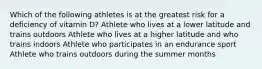 Which of the following athletes is at the greatest risk for a deficiency of vitamin D? Athlete who lives at a lower latitude and trains outdoors Athlete who lives at a higher latitude and who trains indoors Athlete who participates in an endurance sport Athlete who trains outdoors during the summer months