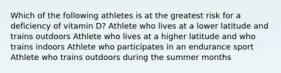 Which of the following athletes is at the greatest risk for a deficiency of vitamin D? Athlete who lives at a lower latitude and trains outdoors Athlete who lives at a higher latitude and who trains indoors Athlete who participates in an endurance sport Athlete who trains outdoors during the summer months