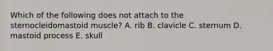 Which of the following does not attach to the sternocleidomastoid muscle? A. rib B. clavicle C. sternum D. mastoid process E. skull