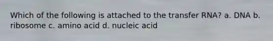 Which of the following is attached to the transfer RNA? a. DNA b. ribosome c. amino acid d. nucleic acid