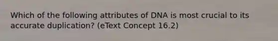 Which of the following attributes of DNA is most crucial to its accurate duplication? (eText Concept 16.2)