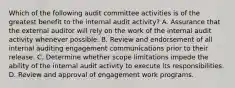 Which of the following audit committee activities is of the greatest benefit to the internal audit activity? A. Assurance that the external auditor will rely on the work of the internal audit activity whenever possible. B. Review and endorsement of all internal auditing engagement communications prior to their release. C. Determine whether scope limitations impede the ability of the internal audit activity to execute its responsibilities. D. Review and approval of engagement work programs.