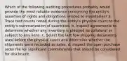 Which of the following auditing procedures probably would provide the most reliable evidence concerning the entity's assertion of rights and obligations related to inventories? a. Trace test counts noted during the entity's physical count to the entity's summarization of quantities. b. Inspect agreements to determine whether any inventory is pledged as collateral or subject to any liens. c. Select the last few shipping documents used before the physical count and determine whether the shipments were recorded as sales. d. Inspect the open purchase order file for significant commitments that should be considered for disclosure.