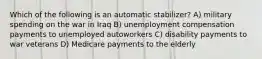 Which of the following is an automatic stabilizer? A) military spending on the war in Iraq B) unemployment compensation payments to unemployed autoworkers C) disability payments to war veterans D) Medicare payments to the elderly