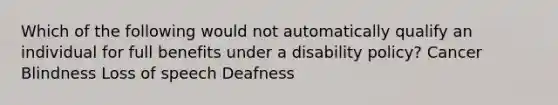 Which of the following would not automatically qualify an individual for full benefits under a disability policy? Cancer Blindness Loss of speech Deafness