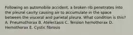 Following an automobile accident, a broken rib penetrates into the pleural cavity causing air to accumulate in the space between the visceral and parietal pleura. What condition is this? A. Pneumothorax B. Atelectasis C. Tension hemothorax D. Hemothorax E. Cystic fibrosis