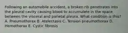 Following an automobile accident, a broken rib penetrates into the pleural cavity causing blood to accumulate in the space between the visceral and parietal pleura. What condition is this? A. Pneumothorax B. Atelectasis C. Tension pneumothorax D. Hemothorax E. Cystic fibrosis