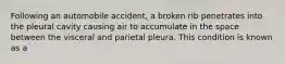 Following an automobile accident, a broken rib penetrates into the pleural cavity causing air to accumulate in the space between the visceral and parietal pleura. This condition is known as a