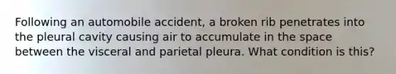 Following an automobile accident, a broken rib penetrates into the pleural cavity causing air to accumulate in the space between the visceral and parietal pleura. What condition is this?