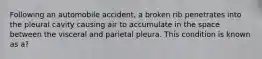 Following an automobile accident, a broken rib penetrates into the pleural cavity causing air to accumulate in the space between the visceral and parietal pleura. This condition is known as a?