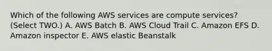 Which of the following AWS services are compute services? (Select TWO.) A. AWS Batch B. AWS Cloud Trail C. Amazon EFS D. Amazon inspector E. AWS elastic Beanstalk