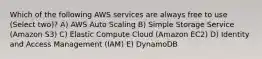 Which of the following AWS services are always free to use (Select two)? A) AWS Auto Scaling B) Simple Storage Service (Amazon S3) C) Elastic Compute Cloud (Amazon EC2) D) Identity and Access Management (IAM) E) DynamoDB