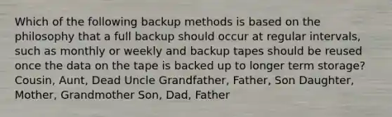 Which of the following backup methods is based on the philosophy that a full backup should occur at regular intervals, such as monthly or weekly and backup tapes should be reused once the data on the tape is backed up to longer term storage? Cousin, Aunt, Dead Uncle Grandfather, Father, Son Daughter, Mother, Grandmother Son, Dad, Father