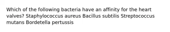 Which of the following bacteria have an affinity for the heart valves? Staphylococcus aureus Bacillus subtilis Streptococcus mutans Bordetella pertussis