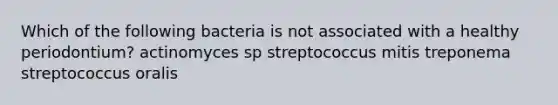 Which of the following bacteria is not associated with a healthy periodontium? actinomyces sp streptococcus mitis treponema streptococcus oralis