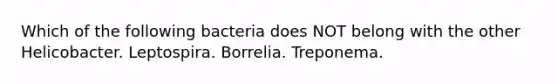 Which of the following bacteria does NOT belong with the other Helicobacter. Leptospira. Borrelia. Treponema.