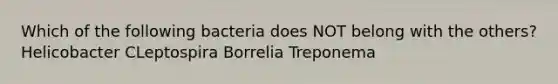 Which of the following bacteria does NOT belong with the others? Helicobacter CLeptospira Borrelia Treponema