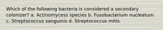 Which of the following bacteria is considered a secondary colonizer? a. Actinomycess species b. Fusobacterium nucleatum c. Streptococcus sanguinis d. Streptococcus mitis