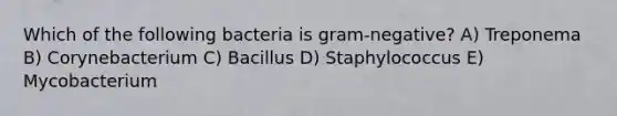 Which of the following bacteria is gram-negative? A) Treponema B) Corynebacterium C) Bacillus D) Staphylococcus E) Mycobacterium