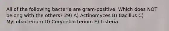 All of the following bacteria are gram-positive. Which does NOT belong with the others? 29) A) Actinomyces B) Bacillus C) Mycobacterium D) Corynebacterium E) Listeria