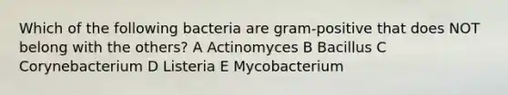 Which of the following bacteria are gram-positive that does NOT belong with the others? A Actinomyces B Bacillus C Corynebacterium D Listeria E Mycobacterium