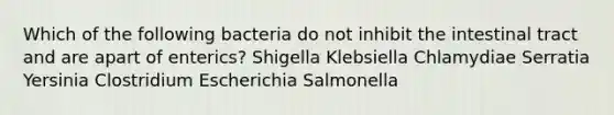 Which of the following bacteria do not inhibit the intestinal tract and are apart of enterics? Shigella Klebsiella Chlamydiae Serratia Yersinia Clostridium Escherichia Salmonella