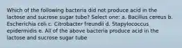 Which of the following bacteria did not produce acid in the lactose and sucrose sugar tube? Select one: a. Bacillus cereus b. Escherichia coli c. Citrobacter freundii d. Stapylococcus epidermidis e. All of the above bacteria produce acid in the lactose and sucrose sugar tube