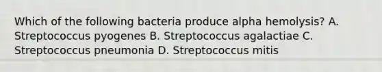 Which of the following bacteria produce alpha hemolysis? A. Streptococcus pyogenes B. Streptococcus agalactiae C. Streptococcus pneumonia D. Streptococcus mitis