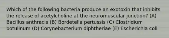 Which of the following bacteria produce an exotoxin that inhibits the release of acetylcholine at the neuromuscular junction? (A) Bacillus anthracis (B) Bordetella pertussis (C) Clostridium botulinum (D) Corynebacterium diphtheriae (E) Escherichia coli