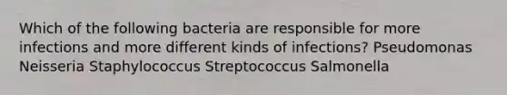 Which of the following bacteria are responsible for more infections and more different kinds of infections? Pseudomonas Neisseria Staphylococcus Streptococcus Salmonella