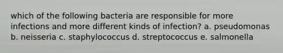 which of the following bacteria are responsible for more infections and more different kinds of infection? a. pseudomonas b. neisseria c. staphylococcus d. streptococcus e. salmonella