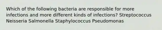 Which of the following bacteria are responsible for more infections and more different kinds of infections? Streptococcus Neisseria Salmonella Staphylococcus Pseudomonas