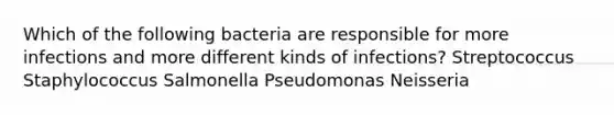 Which of the following bacteria are responsible for more infections and more different kinds of infections? Streptococcus Staphylococcus Salmonella Pseudomonas Neisseria