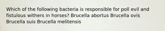 Which of the following bacteria is responsible for poll evil and fistulous withers in horses? Brucella abortus Brucella ovis Brucella suis Brucella melitensis