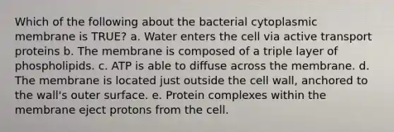 Which of the following about the bacterial cytoplasmic membrane is TRUE? a. Water enters the cell via active transport proteins b. The membrane is composed of a triple layer of phospholipids. c. ATP is able to diffuse across the membrane. d. The membrane is located just outside the cell wall, anchored to the wall's outer surface. e. Protein complexes within the membrane eject protons from the cell.